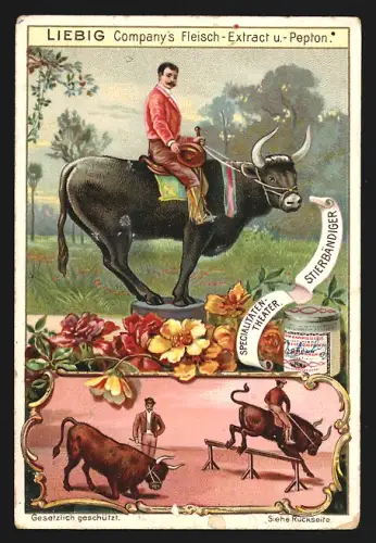 6 Sammelbilder Liebig, Serie Nr. 577: Specialitäten-Theater, Gymnastiker, Hunde-Dresseur, Kunstschütze, Stierbändiger