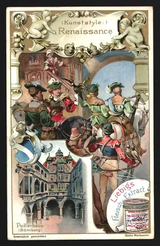 6 Sammelbilder Liebig, Serie Nr. 692: Kunststyle, Antik, Romanisch, Rokoko, Indisch, Gothik, Renaissance