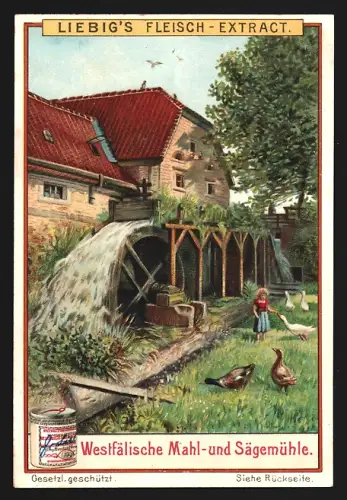 6 Sammelbilder Liebig, Serie Nr. 826: Strommühle, Gebirgsmühle, Säge- und Mahlmühle, Windmühle auf der Coolvest