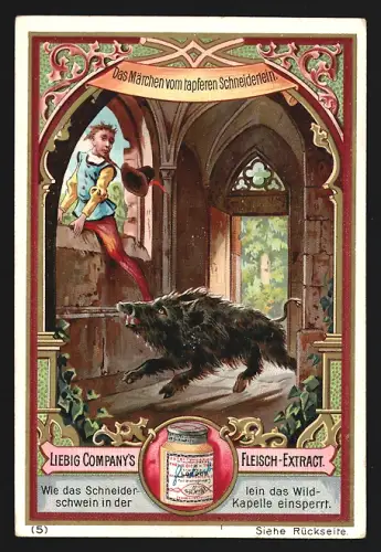 6 Sammelbilder Liebig, Serie Nr. 493: Das tapfere Schneiderlein, Sieben auf einen Streich, Einhorn, Riesen, Wildschwein
