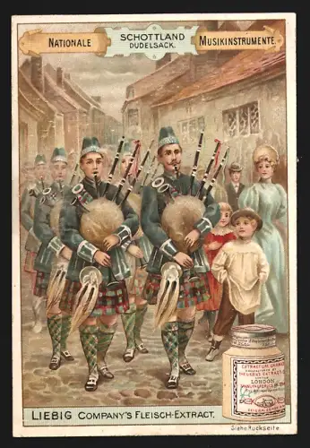 6 Sammelbilder Liebig, Serie Nr. 561: Nationale Musikinstrumente, Gitarre, Zither, Drehorgel, Tambourin, Dudelsack