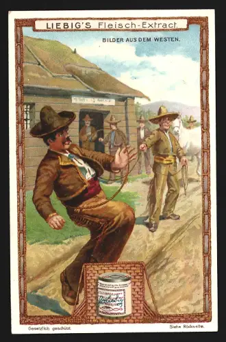 6 Sammelbilder Liebig, Serie Nr. 926: Bilder aus dem Weste, Indianer und Cowboys