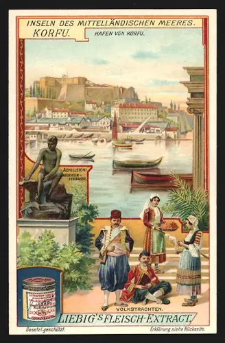 6 Sammelbilder Liebig, Serie Nr. 934: Inseln des Mittelländischen Meeres, Korsika, Sicilien, Korfu, Thera, Kreta, Rhodos