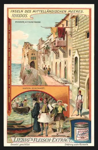 6 Sammelbilder Liebig, Serie Nr. 934: Inseln d. Mittelländischen Meeres, Korsika, Thera, Kreta, Rhodos, Sicilien, Korfu