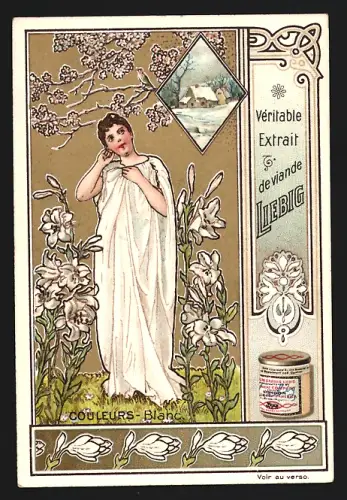 6 Sammelbilder Liebig, Serie Nr. 618: Couleurs, Vert, Rouge, Blanc, Bleu, Brun, Jaune, Jugendstil