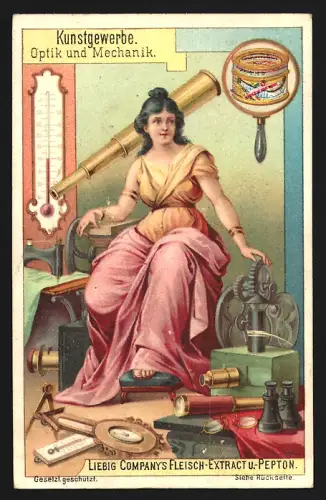 6 Sammelbilder Liebig, Serie Nr. 433: Kunstgewerbe, Graphisches Gewerbe, Glasmalerei, schnitzerei, Färberei