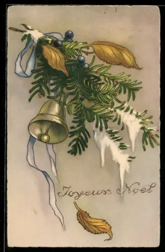 AK Tannenzweig mit Glocke und Beeren, Weihnachtsgruss