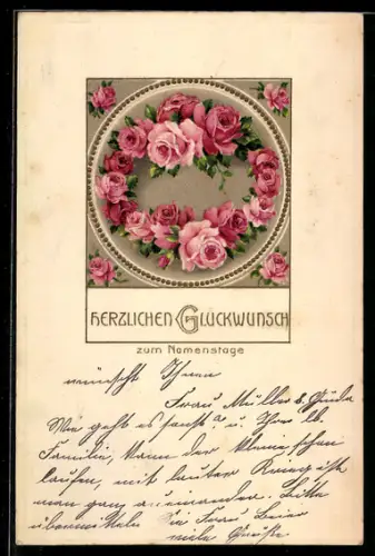 AK Kranz aus Rosen, Namenstagsgruss