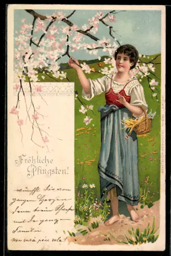 Lithographie Junge Frau bestaunt Kirschblüten