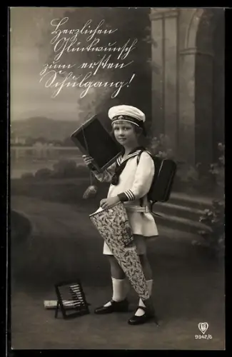 Foto-AK HB: 9942 /6, Junge mit Schuktüte, Tafel und Abacus
