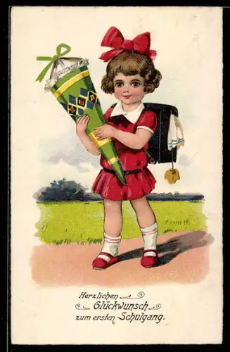 AK Mädchen mit Schultüte und Rucksack, Gruss zum Schulanfang