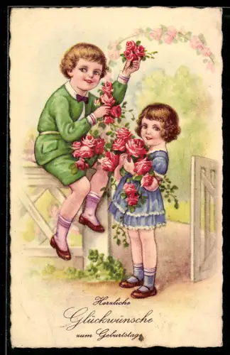 AK Zwei Kinder mit vielen Rosen, Geburtstagsgruss