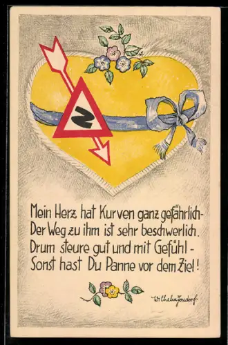AK Mein Herz hat Kurven ganz gefährlich..., Warnschild und blaue Schleife