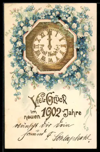 AK Goldene Uhr und Jahreszahl 1902, Maiglöckchen und Vergissmeinnicht