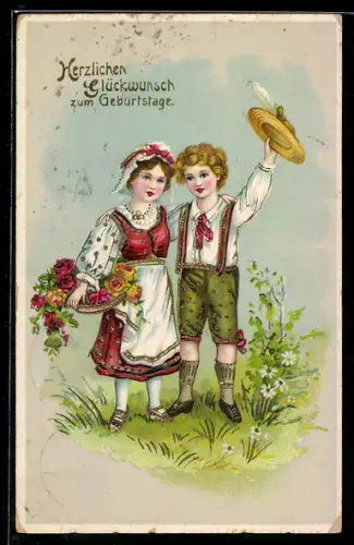 AK Glückwunsch zum Geburtstage, Kinder in zeitgenöss. Kleidung