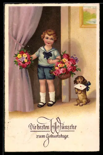 AK Kind mit Blumenstrauss und Korb voller Rosen neben Hund mit Brief, Geburtstagsgruss
