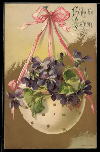 AK Osterei mit violetten Blumen, Ostergruss