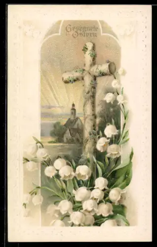 Präge-AK Kreuz mit Maiglöckchen, Ostergruss