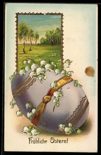 AK Osterei mit Schleife und Maiglöckchen, Ostergruss