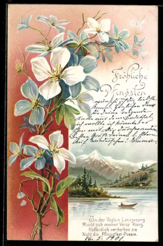 AK Blühende Blumen und idyllische Partie am Wasser, Pfingstgruss