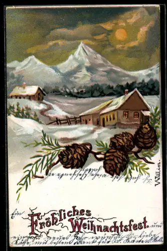 AK Verschneite Ortspartie bei Nacht, Weihnachtsgruss