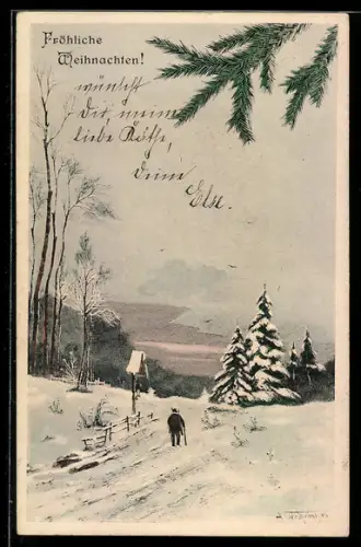 AK Wanderer auf einer verschneiten Strasse, Weihnachtsgruss