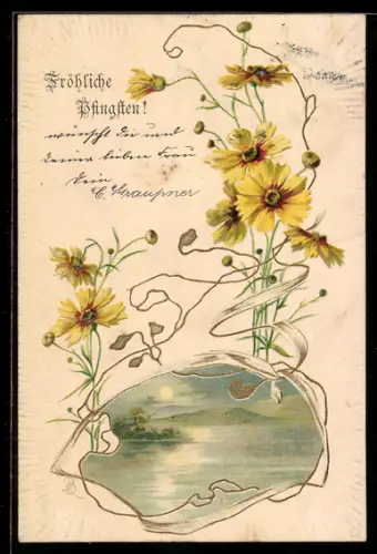 Lithographie Landschaftsbild mit gelben Blumenranken und Pfingstgruss im Jugendstil