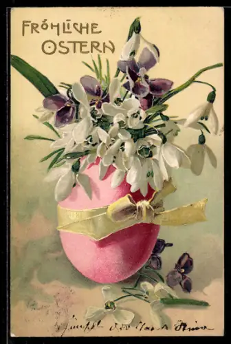 AK Blumen im Ei mit Schleife, Ostergruss