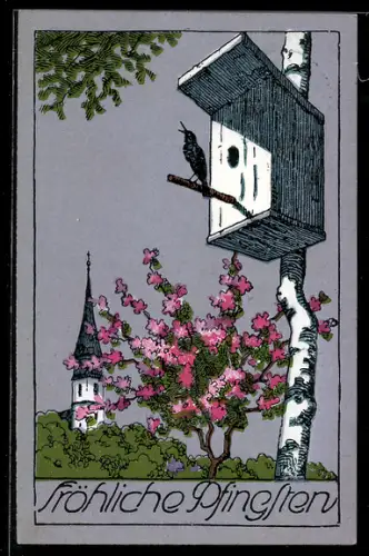AK Vogel singt vor einem Vogelhaus, Pfingstgruss