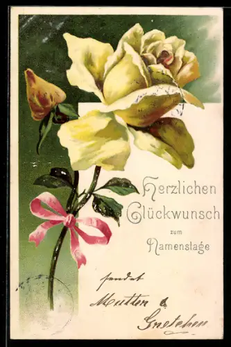 AK gelbliche Rose mit rosa Schleife, Namenstagsgruss
