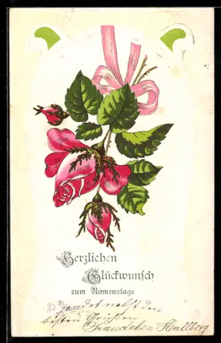Präge-AK Blühende Rosen mit Schleife, Namenstagsgruss