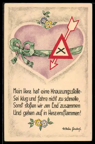 Künstler-AK Herz mit Schleife und Warnschild, Kurzes Gedicht