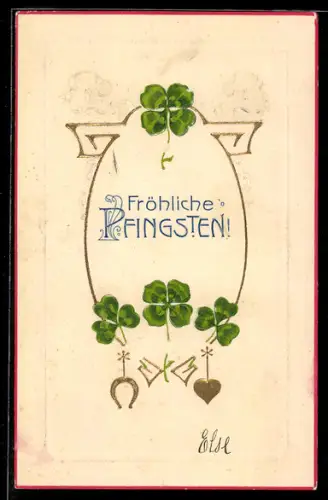 Präge-AK Kleeblätter, Hufeisen und Herz, Pfingstgruss