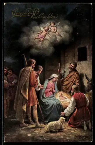 AK Krippenszene mit Weihnachtsengeln über dem Jesuskind und der Heiligen Jungfrau, Weihnachtsgruss