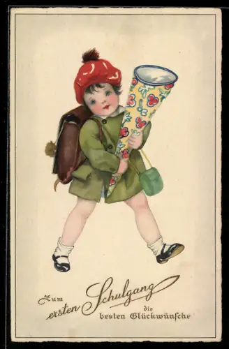 AK Glückwunsch zum Schulanfang, Mädchen mit Schultüte und Mappe