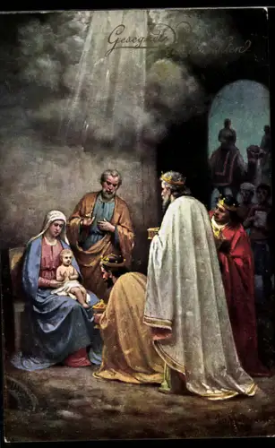 AK Krippenszene mit Heiligen Drei Königen, Jesuskind und Maria Immaculata, Weihnachtsgruss
