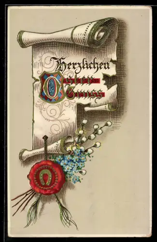 AK Ostergruss, Dokument mit Wachssiegel, Weidenkätzchen, Vergissmeinnicht, Hufeisen