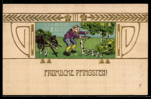 Präge-AK Zwerg fällt Birken zu Pfingsten