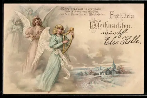 AK Weihnachtsengel mit Instrumenten und Dorf-Idyll