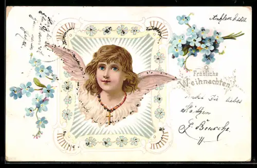 Lithographie Weihnachtsengel mit Vergissmeinnicht