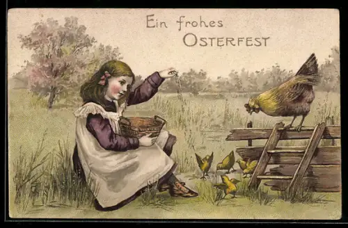 Präge-AK Ostern, Mädchen füttert Osterküken