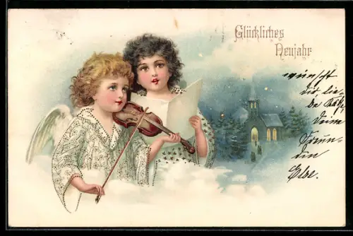 Lithographie Glückliches Neujahr, Neujahrsengel mit Geige