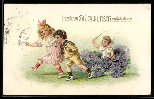 AK Kinder ziehen Kleinkind in einer Kutsche aus Blumen, Geburtstag