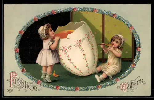 Präge-AK Kinder trinken das Eigelb aus einem Osterei, Ostern