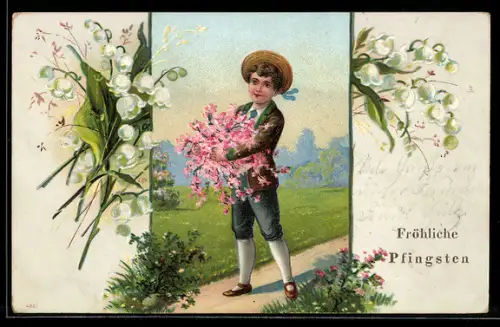 Präge-AK Junge mit Blumenstrauss, Pfingsten