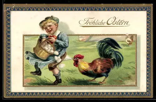 AK Frohe Ostern, Hahn stoppt Jungen mit Ostereiern