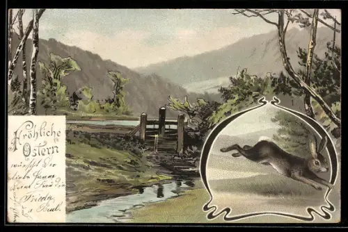 Lithographie Springender Osterhase in idyllischer Landschaft
