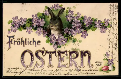 Präge-AK Osterhase umringt von Veilchen und Ostereiern