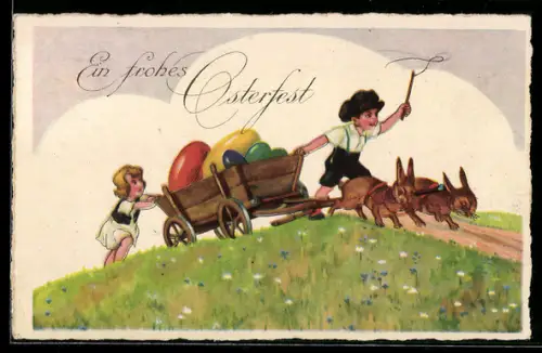 AK Zwei Kinder mit einem Karren voller Ostereier, der von zwei Osterhasen gezogen wird