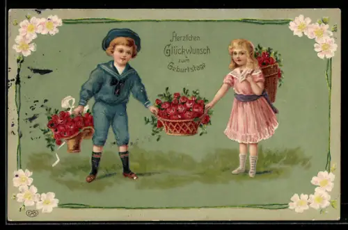 Präge-AK Kinder tragen Körbe voller Rosen, Geburtstag